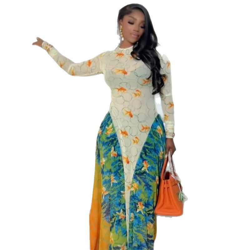 European and american style ins cross-border fashion patchwork women's clothing printing street work clothing a-line skirt round neck long sleeves waist dress