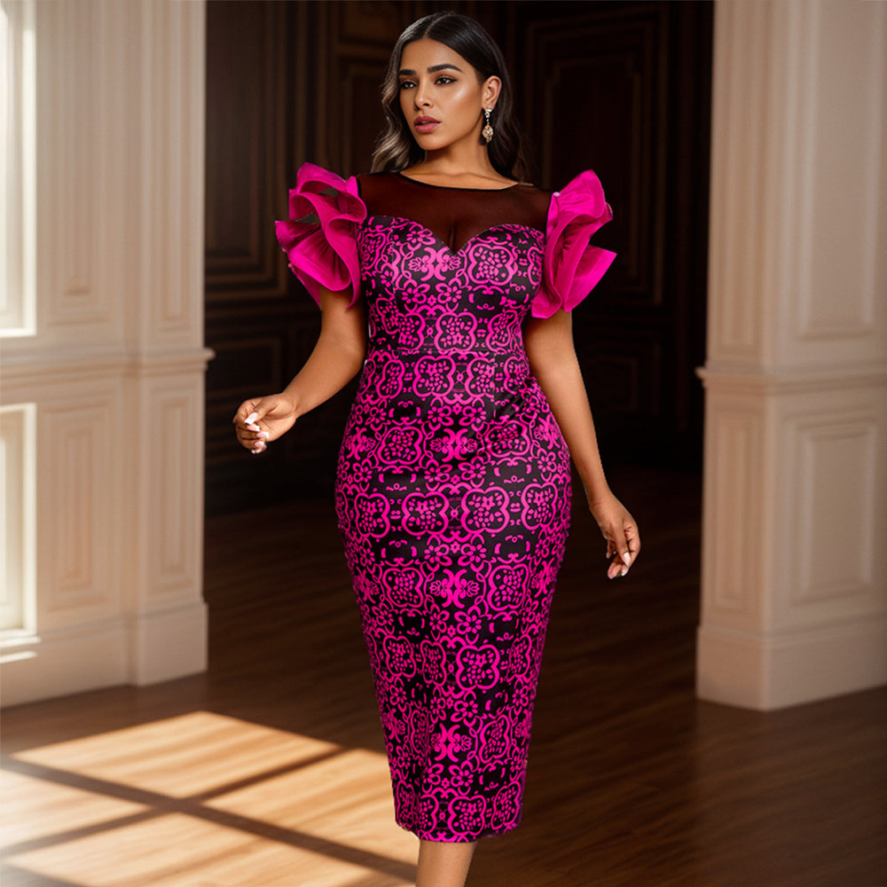 Am040101 european and american mesh panel see-through dress - elegant petal sleeve printed a-line dress