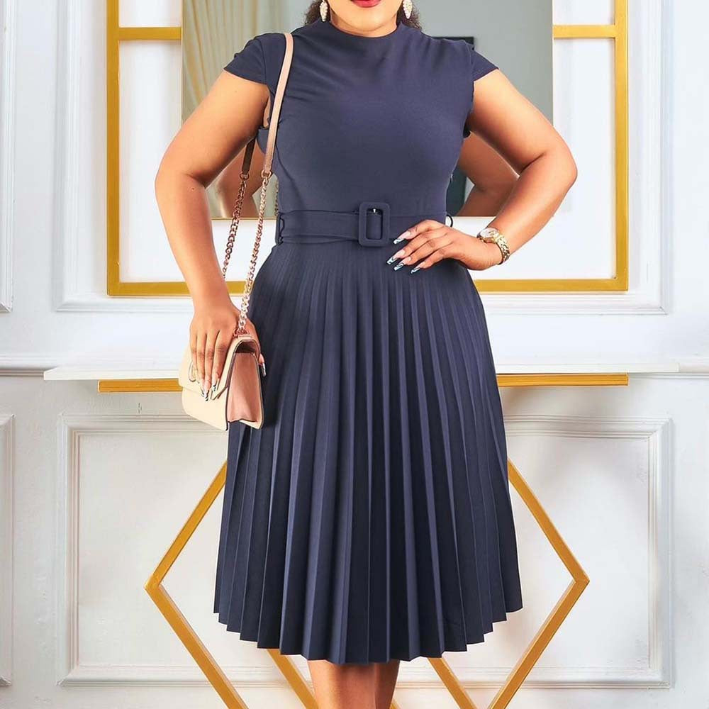 D3116 cross-border e-commerce  summer short-sleeve solid color fashion tie-waist pleated slim-fit european and american style dress