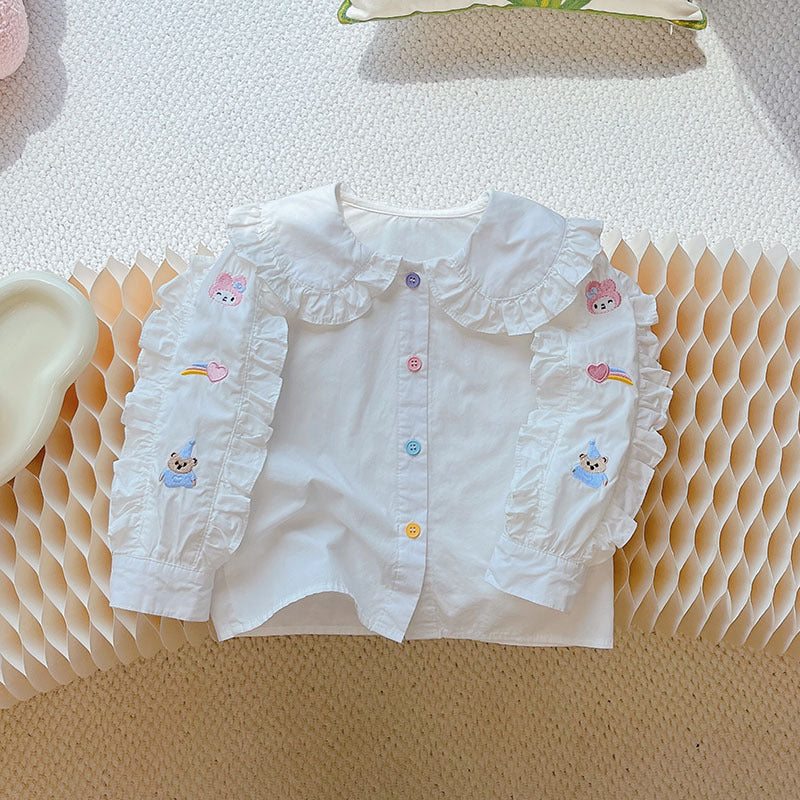 Girls' autumn  new arrival: pure cotton blouse - stylish, versatile, korean style embroidered bear top - trendy spring & autumn fashion