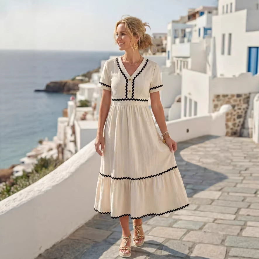 new european and american style elegant vacation dress - backless, lace trim, bow detail, spaghetti strap women's dress