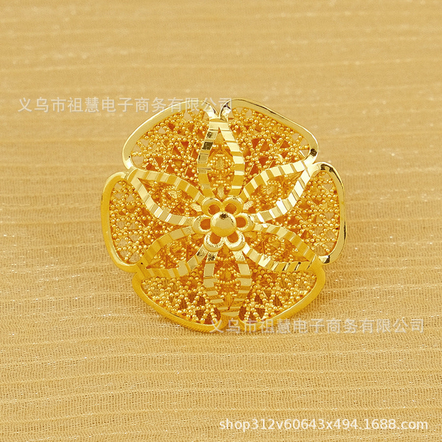 24k gold plated floral ring for women, middle eastern bridal wedding accessory, exquisite gift, party & everyday wear