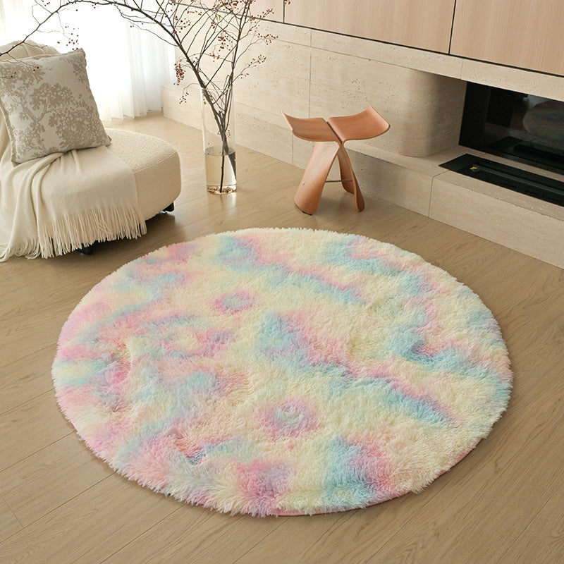 Silk wool carpet round scandinavian bedroom bedside carpet living room study bay window thickenedpure color tie-dye long hair floor mat