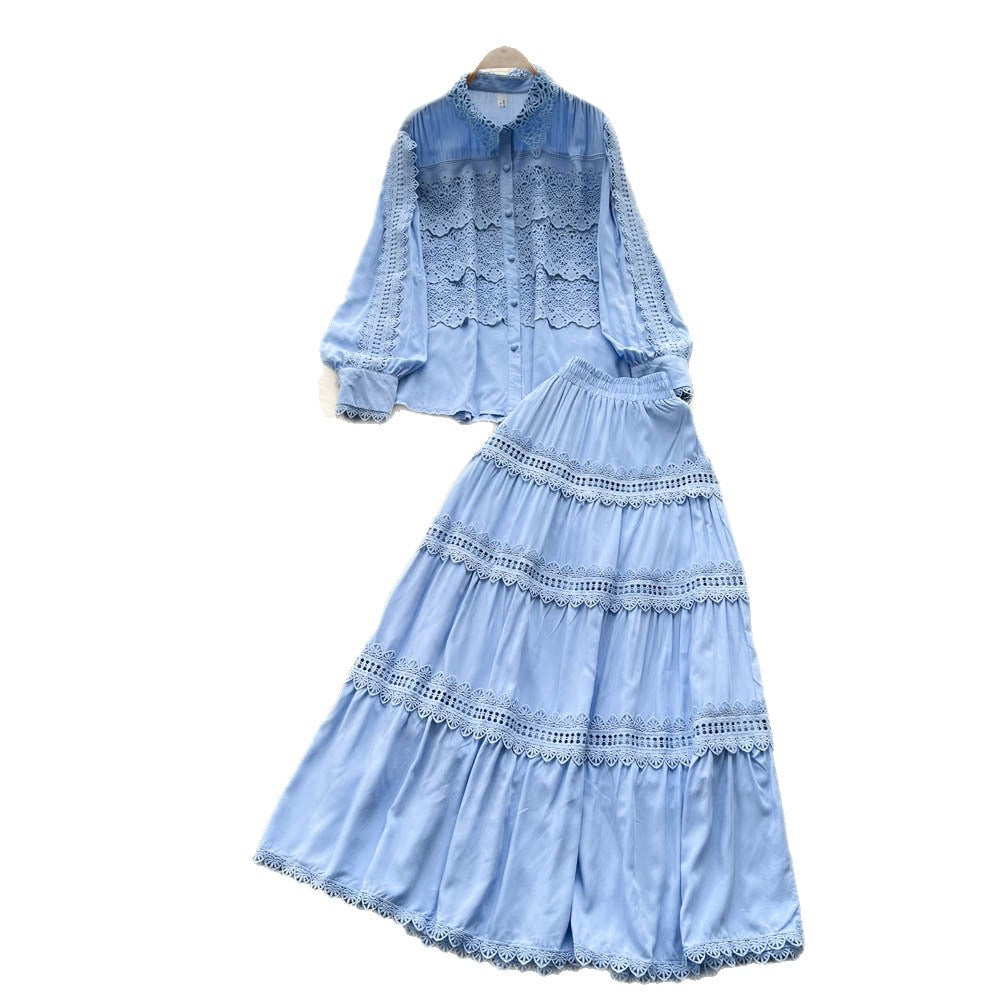 French court style hollow-out crochet mature woman's summer outfit: long-sleeved blouse & elastic waist long skirt set