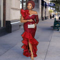 Mesh patchwork slant neck long dress designer single sleeve slant hem fungus dress party dress