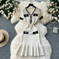 summer women's chic chanel-inspired v-neck knit dress: slimming, figure-hugging, short-sleeve, bodycon fishtail mini dress