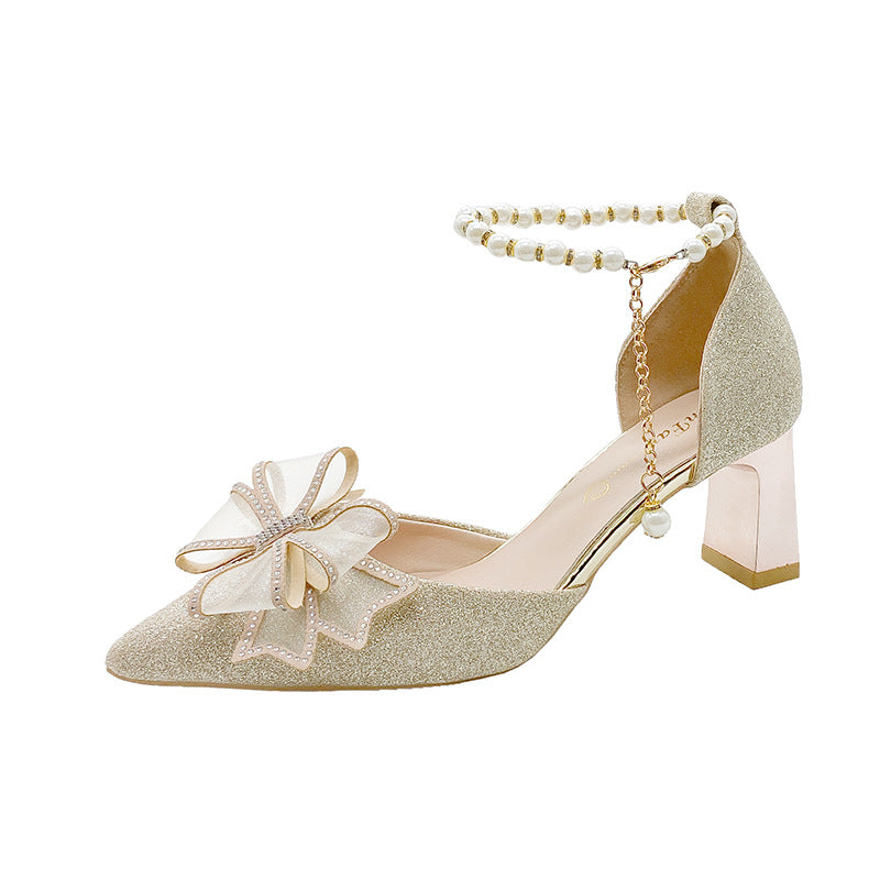High heels women's 2024new arrival hollow women's shoes thick heel pointed toe main wedding dress wedding shoes women xiuhe flats princess sandals