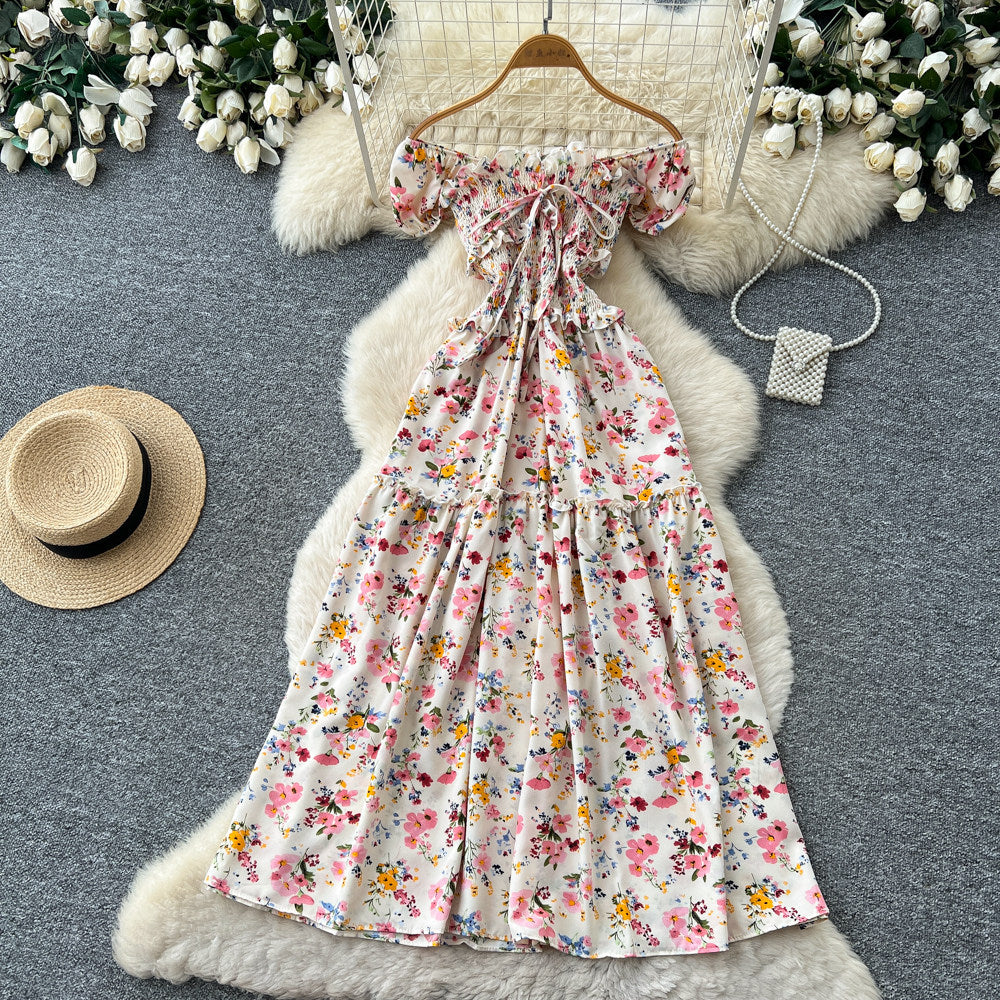 French sweet style square neck floral dress women's summer korean style ruched waist tie-up a-line elegant maxi dress - red