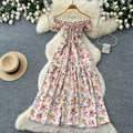 French sweet style square neck floral dress women's summer korean style ruched waist tie-up a-line elegant maxi dress - red