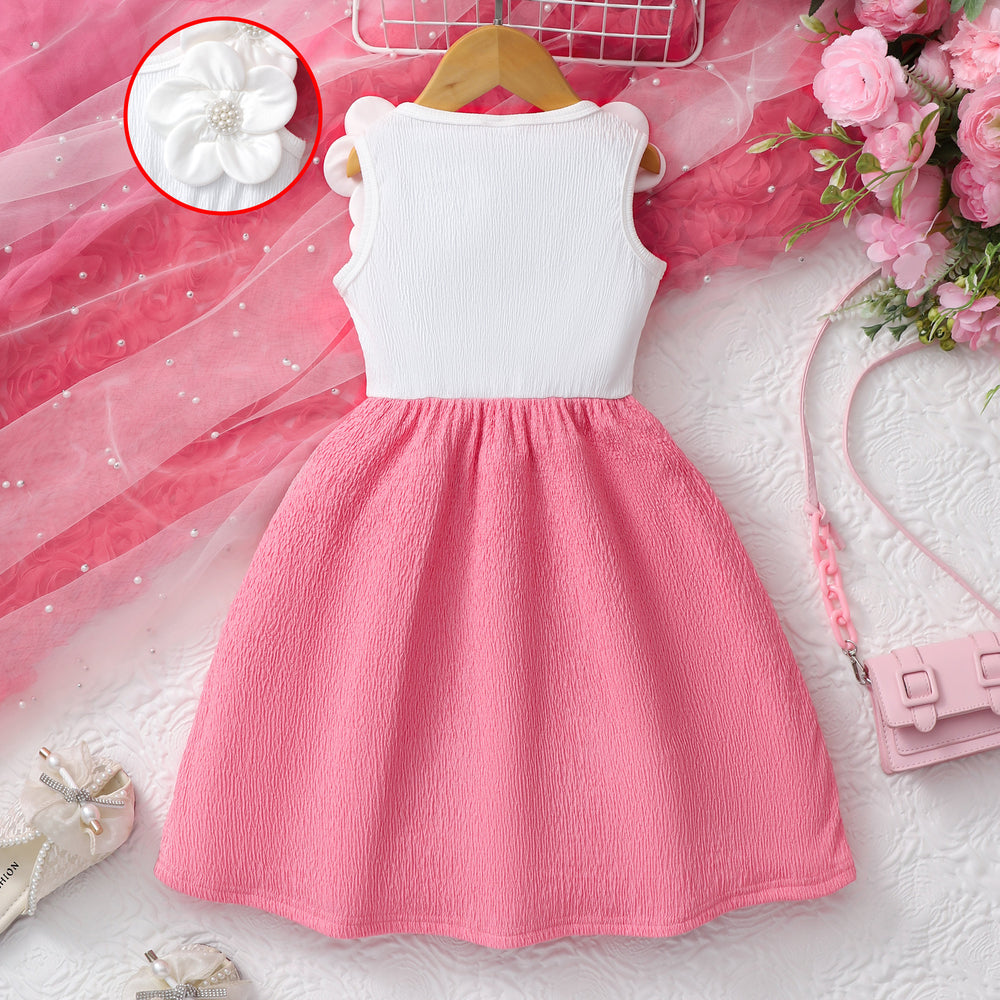 Sweet and adorable girls' (small) dress, sleeveless collared embroidered mesh dress with woven belt
