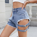 Fashion cross-border hot girl style ripped denim shorts high waist raw edge strap design hot pants stylish exposed legs slimming look
