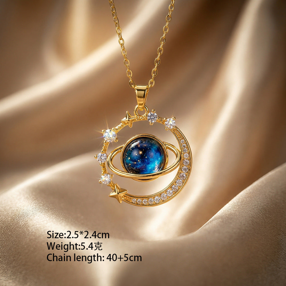 European and american cross-border hot-selling copper inlaid zirconium full diamond planet necklace for women, light luxury niche style, non-fading clavicle chain jewelry