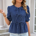 Fashion cross-border export denim tops round neck stereobows bubble short sleeves tie back waist shortshirt women