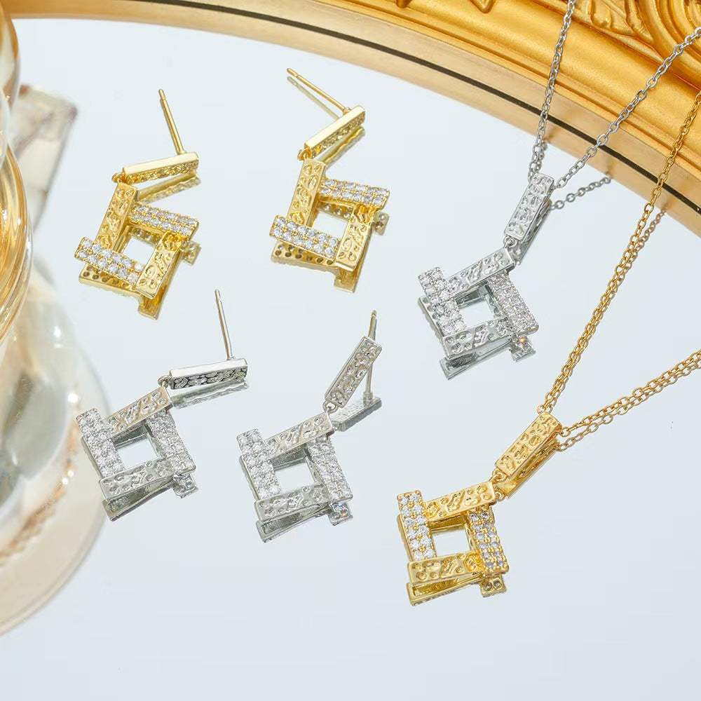 Titanium steel necklace women's geometric pendant earrings suitniche styleclassy sense collarbone chain earrings jewelry wholesale accessible luxury