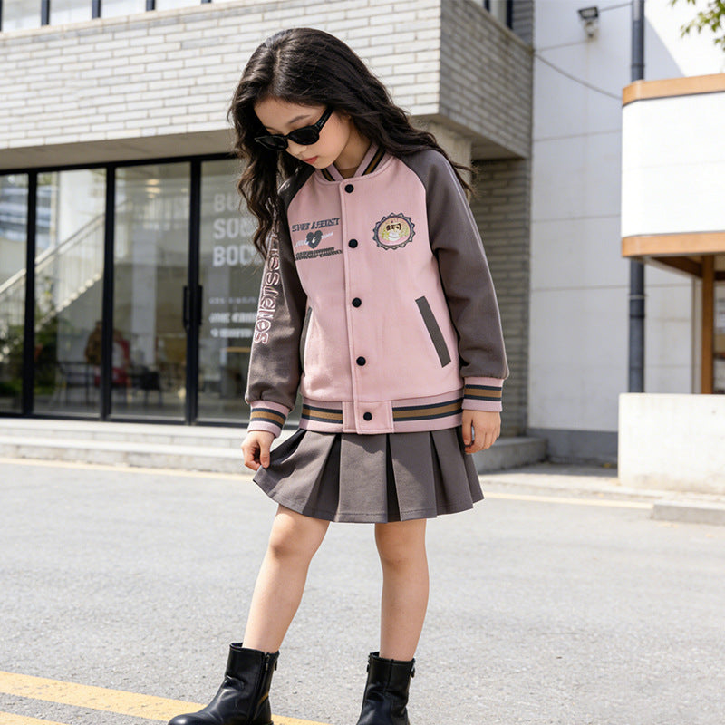 Girls' spring outfit : spring/autumn baseball jacket for girls, middle-to-large children's outerwear, preppy style, new trendy children's fashion, popular online