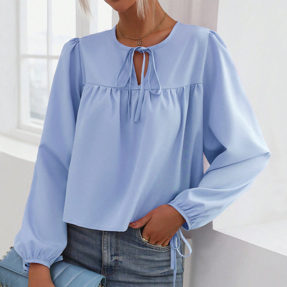 Cross-border European and American women's clothing 2024 autumn and winter crew neck lace-up bubble sleeves loose casual temperament women's pullover top