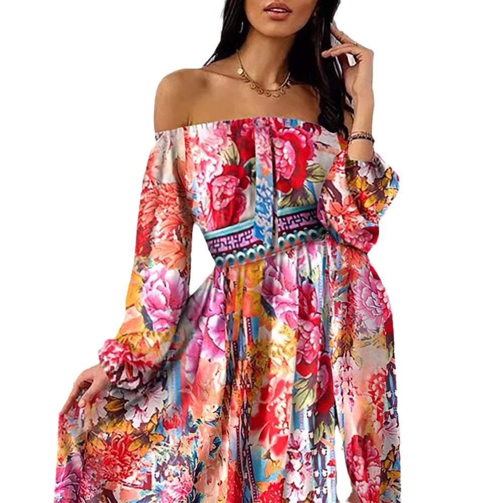 2025 spring/summer new collection: european & american style printed evening gown - v-neck, pullover, vintage long sleeve, high slit maxi dress