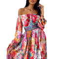 2025 spring/summer new collection: european & american style printed evening gown - v-neck, pullover, vintage long sleeve, high slit maxi dress