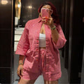 Fashion cross-border women's clothing  spring new arrivalelegantcasual lapel loosestripesshirt wide leg shortssuit