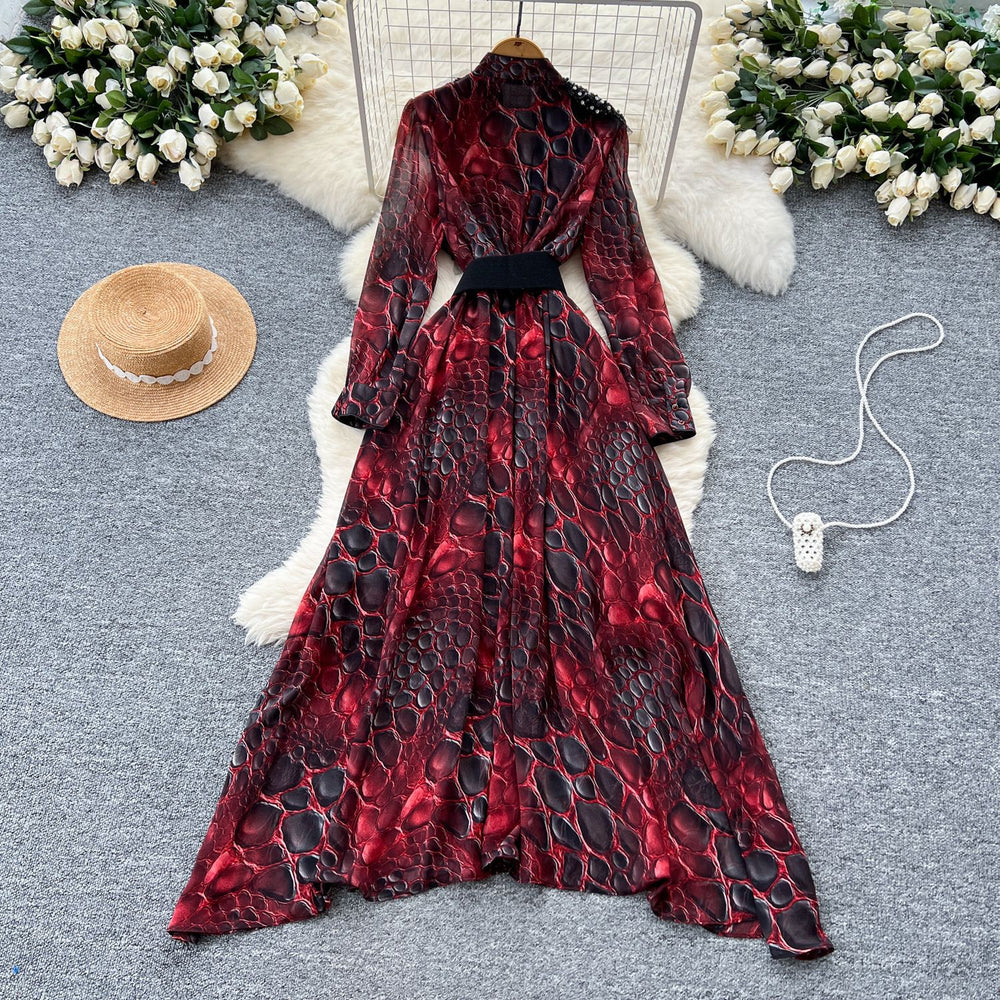 High-end fashionabledress women's french beading sequinembroiderv neck waist long sleeves leopard print printingelegance long skirt