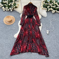 High-end fashionabledress women's french beading sequinembroiderv neck waist long sleeves leopard print printingelegance long skirt