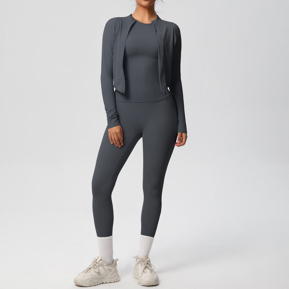 Ready-to-ship cross-border double-sided brushed microfiber seamless, breathable, and skin-friendly three-piece activewear set for women, perfect for running, fitness, and yoga