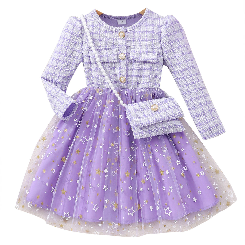 New girls' long-sleeve star mesh dress with matching mini bag