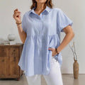 e-commerce   new summer collection: elegant, loose-fitting, casual short-sleeved striped shirt with a turn-down collar