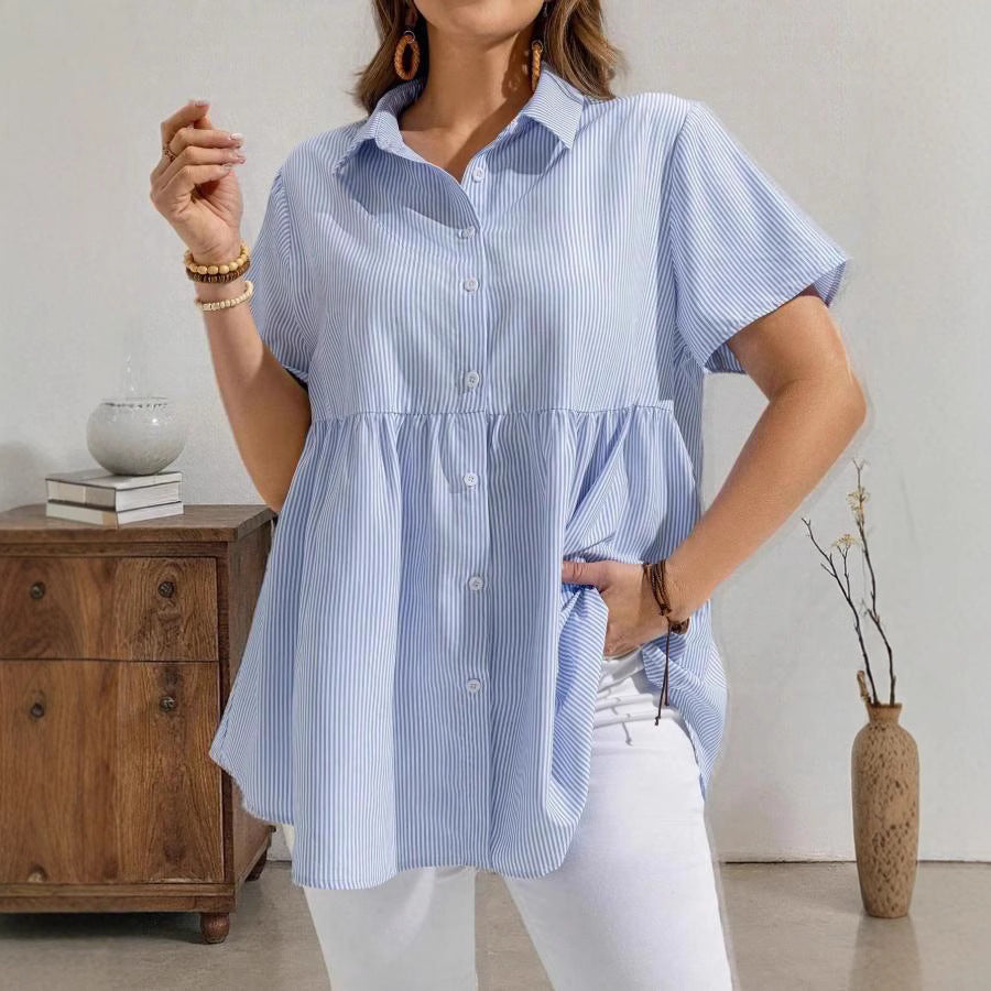 e-commerce   new summer collection: elegant, loose-fitting, casual short-sleeved striped shirt with a turn-down collar