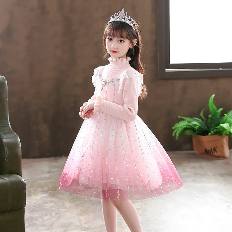 Elsa dress girls new arrivalknittingsweaterkids elsa skirt 3-14 years old dressfall and winter style birthday