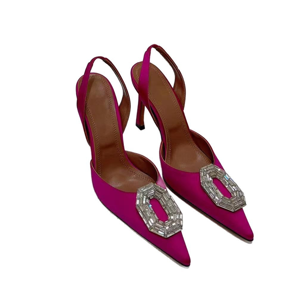 2026 early spring new pointed-toe rhinestone square buckle sexy high heel sandals, silk satin cutout back strap women's sandals