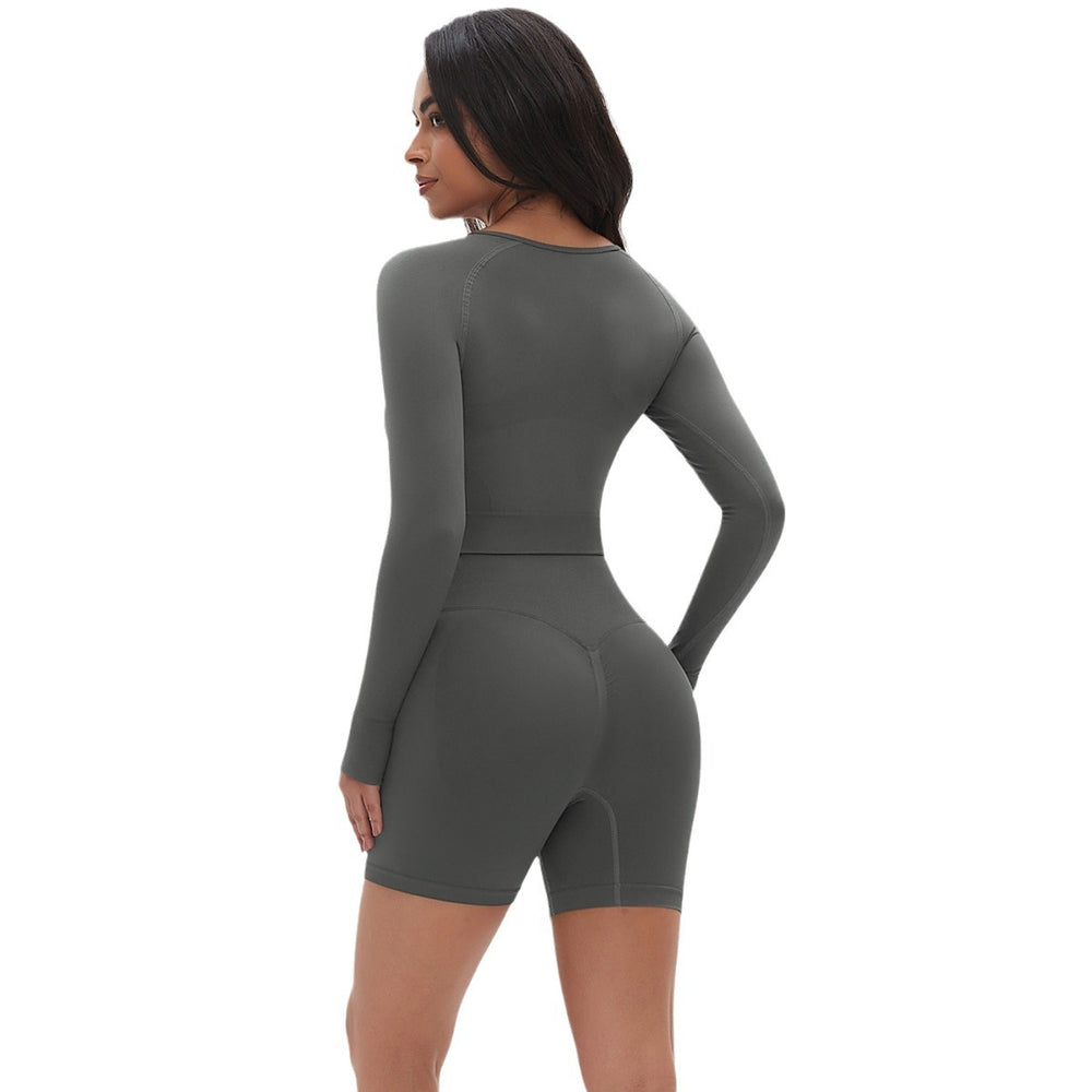 seamless knit solid color compression long-sleeve top, high-stretch breathable running and fitness set, yoga wear for women