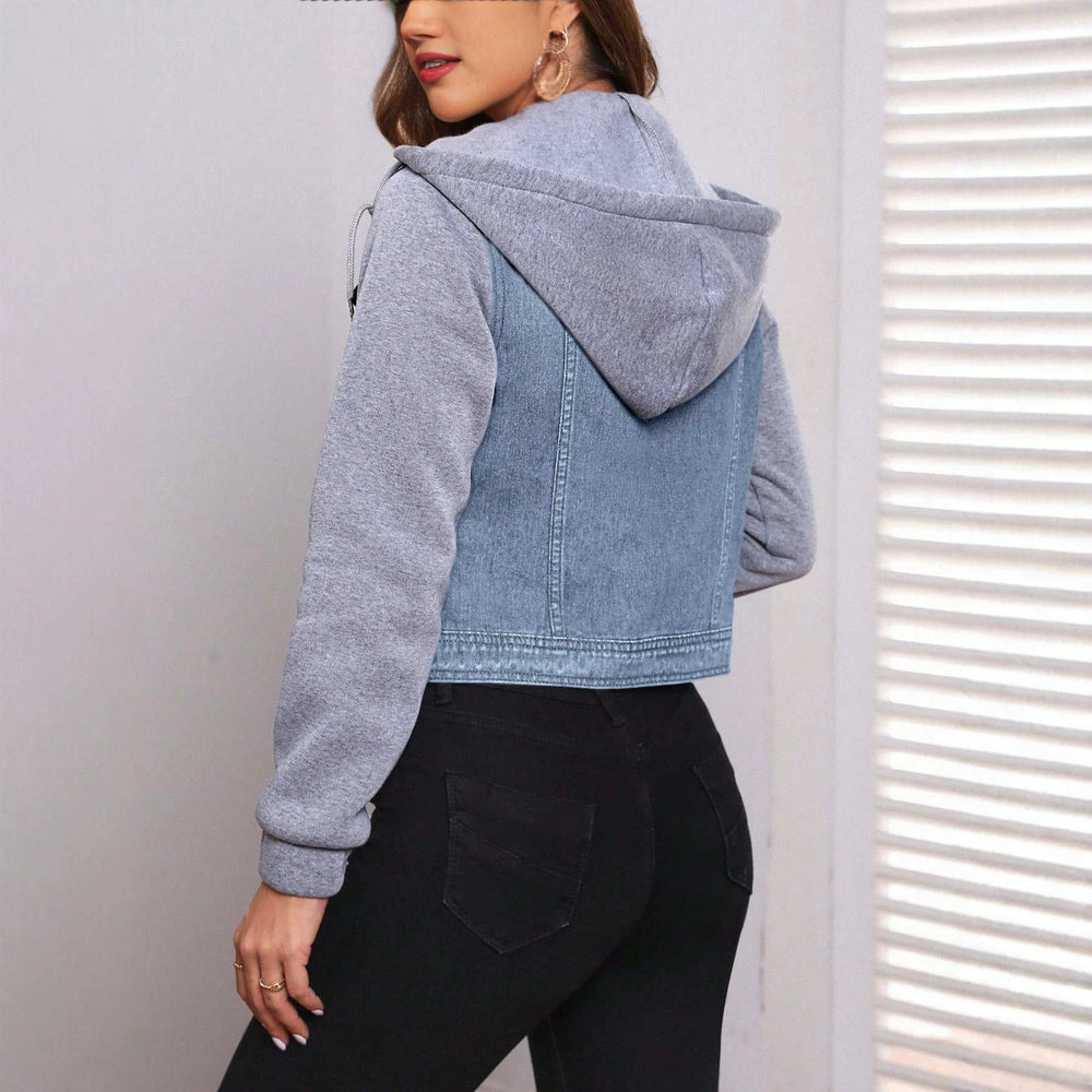 Amazon tiktok pinduoduo foreign trade cross-border fashion gray sweatshirt patchwork short hooded denim jacket