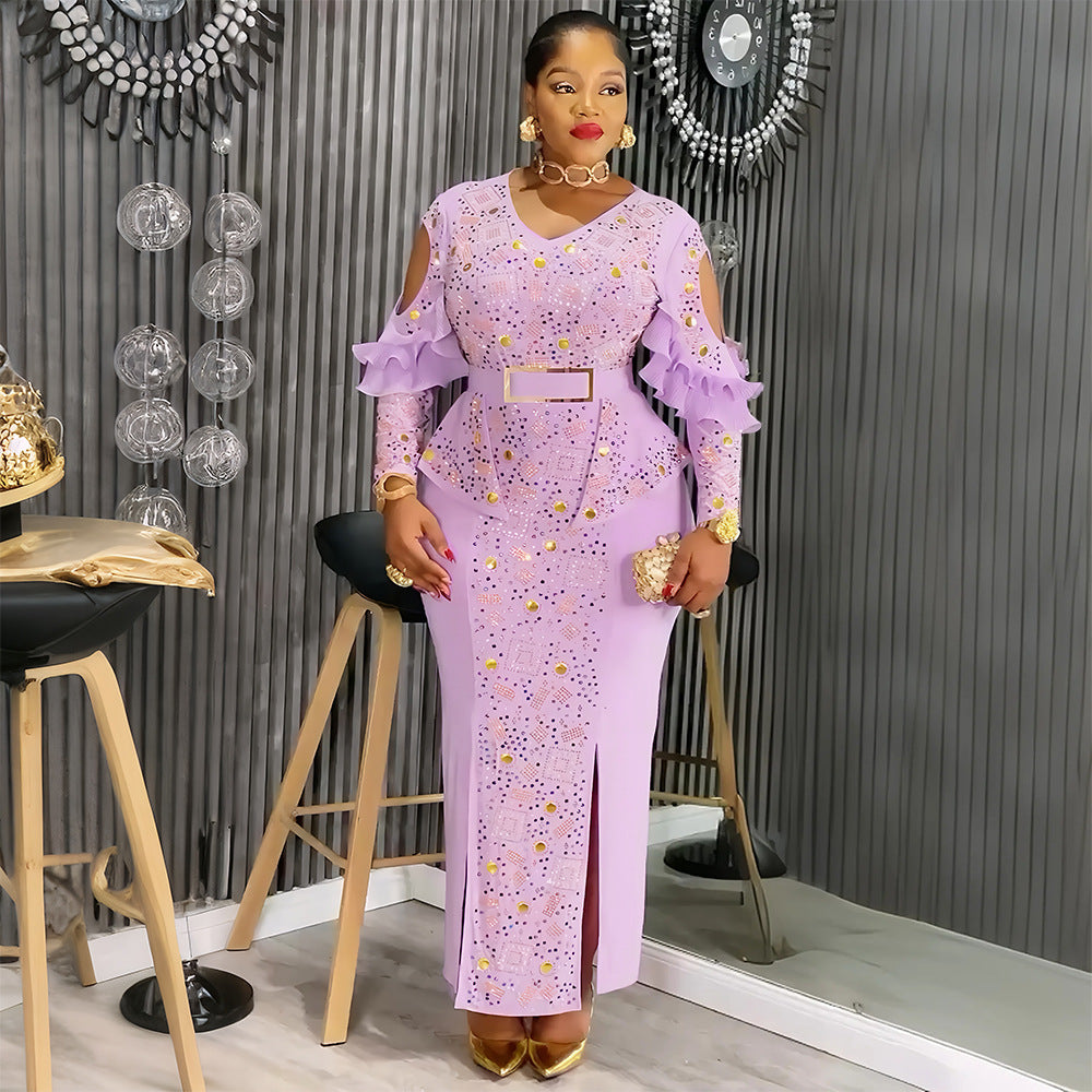 african women's plus size new elegant fashion rhinestone beaded bodycon dress evening gown
