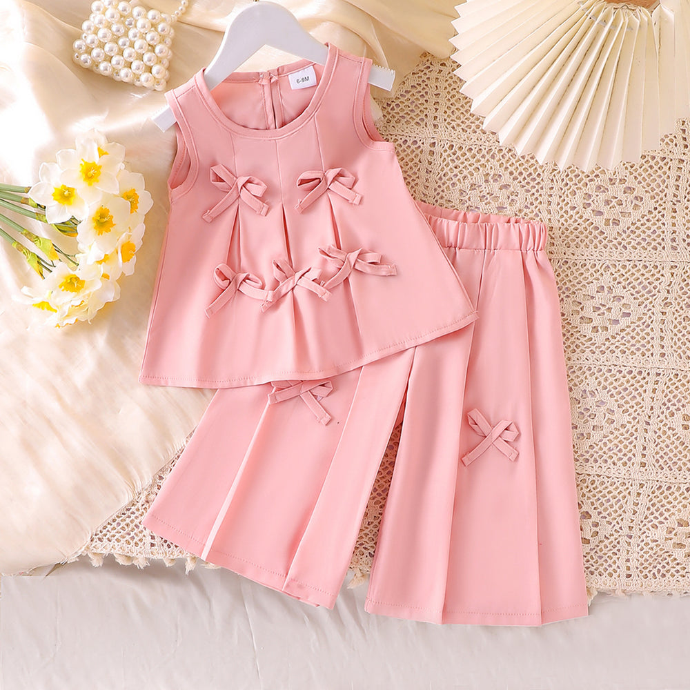 Children's clothing pink bowstops+pants suitsummernew arrivalgirl cute asia