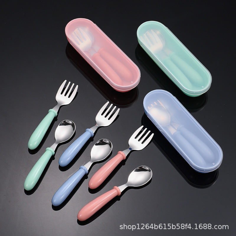 Cross-border 304 stainless steel children's tableware spoon fork box three-piece set baby tableware maternal and infant gifts fork and spoon