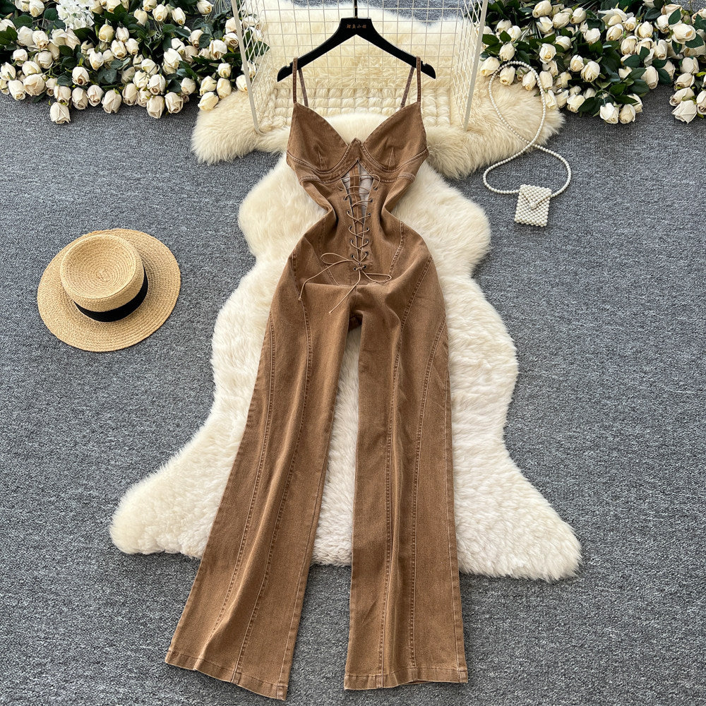 European and american style sexy hollow-out tie-up waist v-neck denim jumpsuit - women's fashion hot girl slim fit flare pants