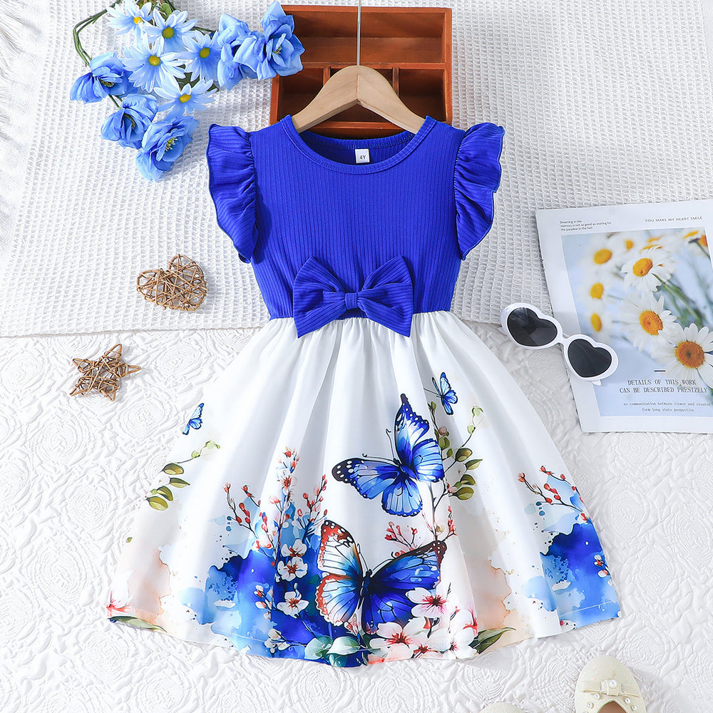 25 years of cross-border expertise – new girls' summer flutter sleeve dress: solid color top with floral print skirt