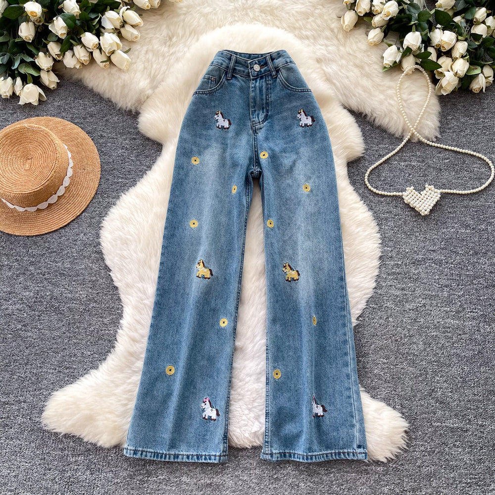 American cartoon little spike embroiderhigh waistloose pantsjeans women's summerloosestraight-legpetites blue pants