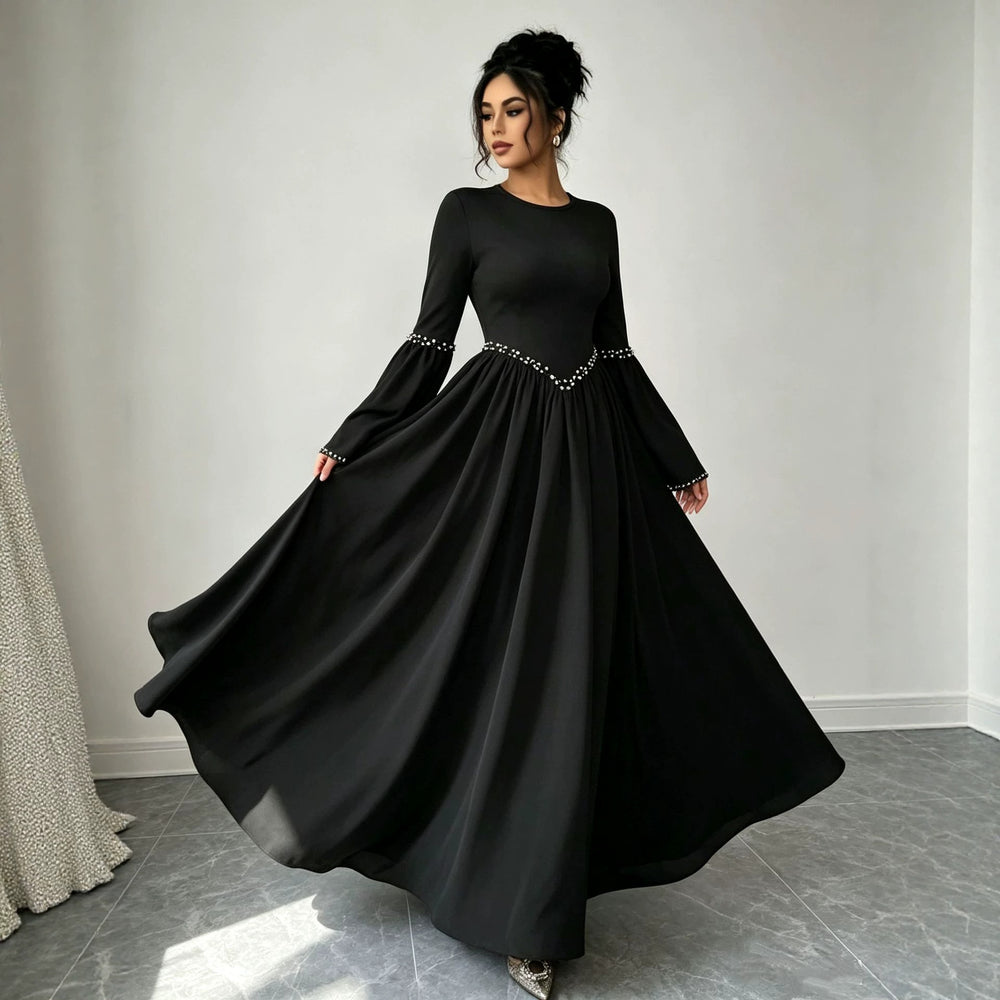 cross-border fashion women's french elegant solid color round neck slimming flared sleeve long sleeve dress