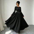 cross-border fashion women's french elegant solid color round neck slimming flared sleeve long sleeve dress