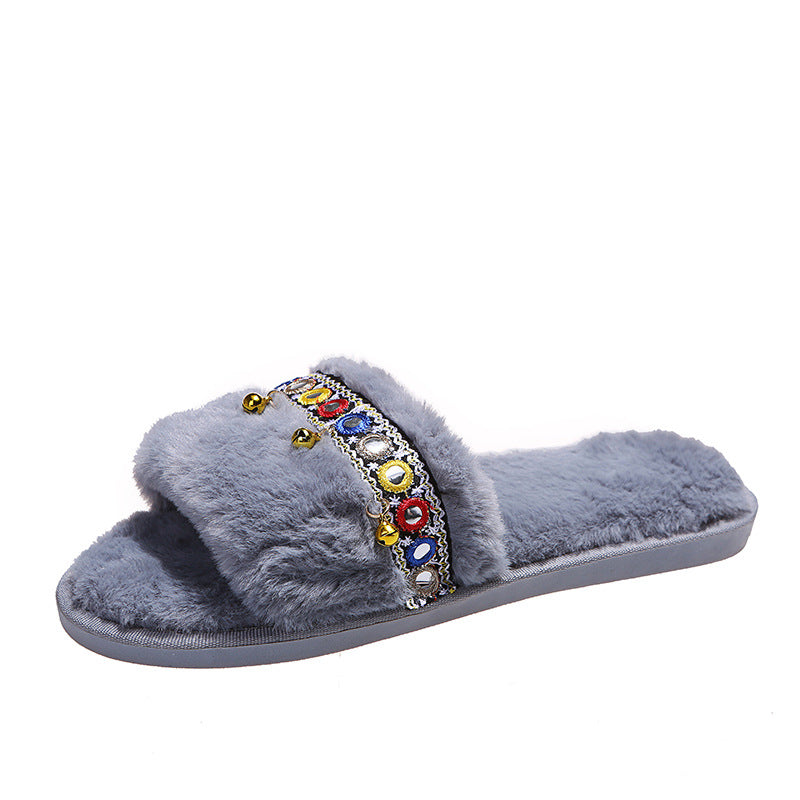 autumn and winter new arrival one-line soft bottom ethnic style fur slippers women's foreign trade large size fur ball heattech cotton dropshipping