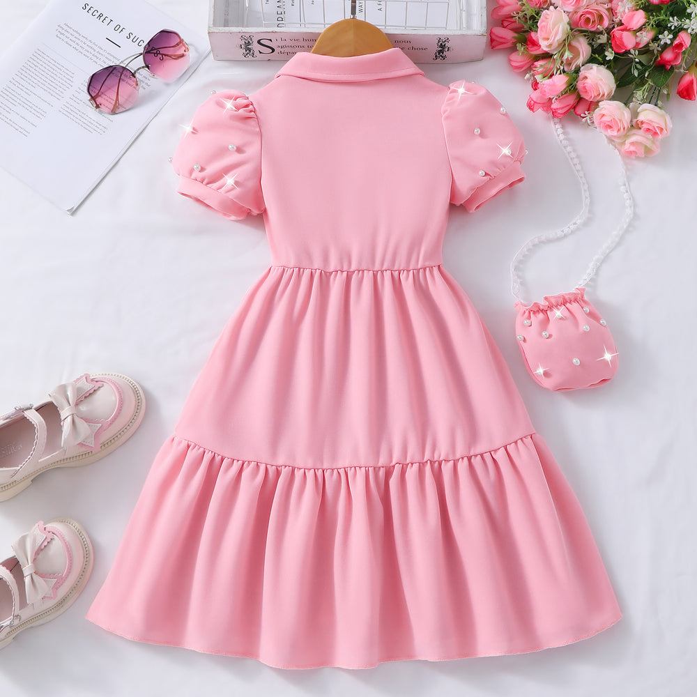 Girls' dress, solid color dress with pearl sleeves + pearl crossbody bag