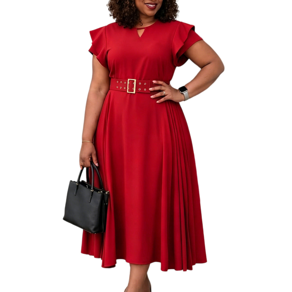 D629 european and american cross-border e-commerce summer new women's ruffle short sleeve solid color high waist midi pleated dress