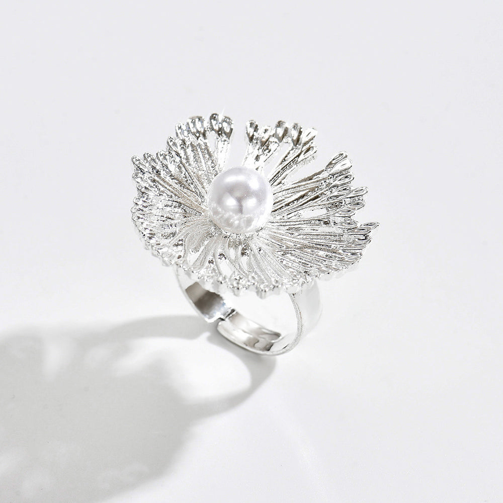Wholesale hollow flower rings - european and american niche design, irregular spiral faux pearl open finger rings, women's jewelry