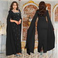C7259 cross-border   fashion women's back-slit cape sleeve rhinestone embellished elegant dress