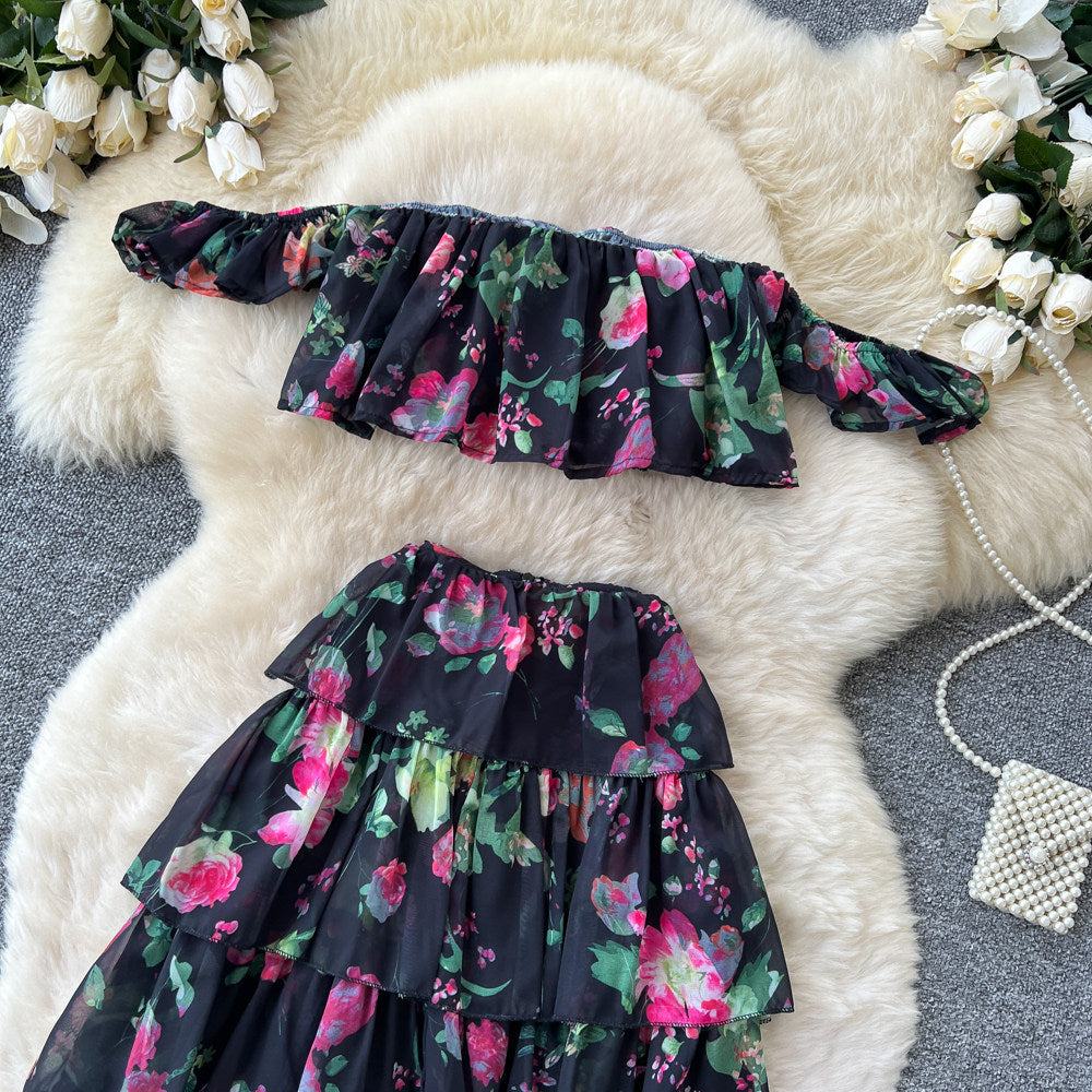 Floral off-the-shoulder bandeau cake dress two-piece set - women's summer sweet & sultry romantic maxi dress outfit