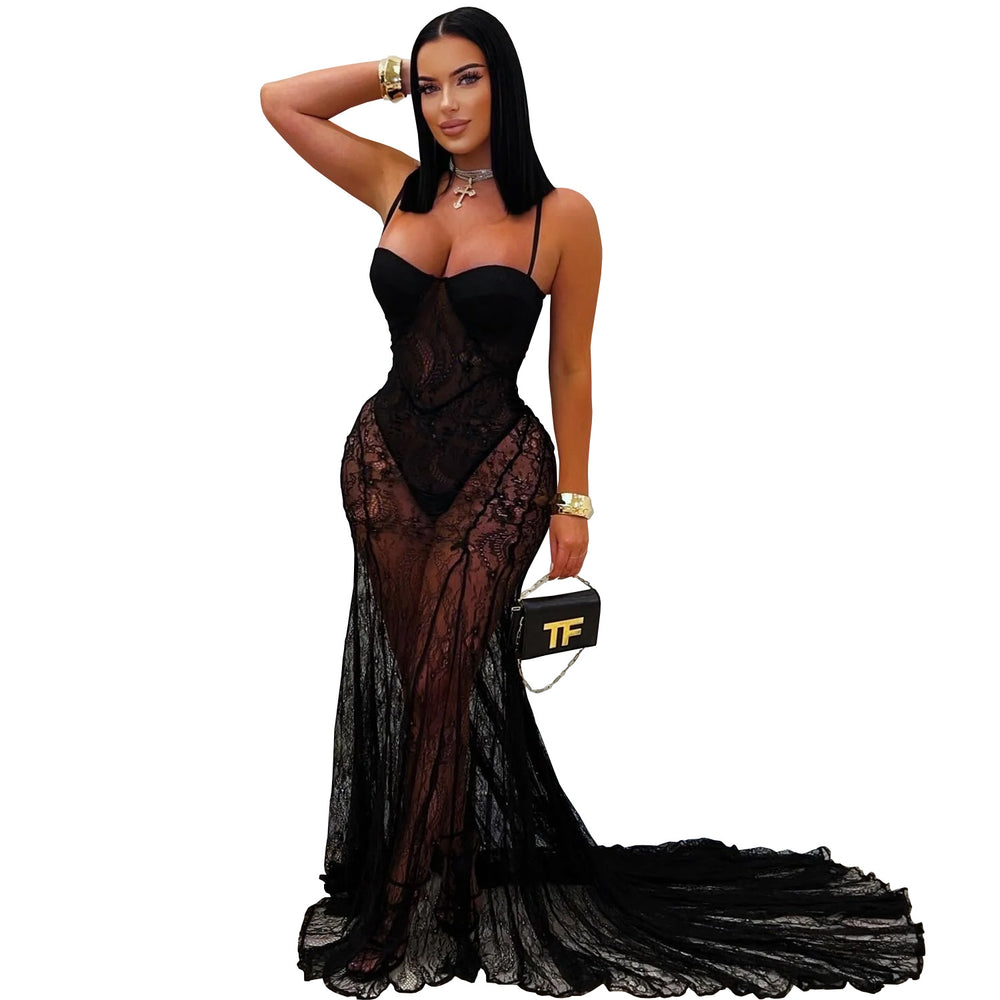 C7520 cross-border   fashion women's sexy lace-trimmed see-through slip dress