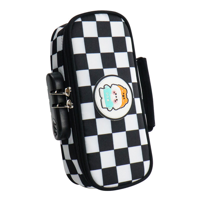 Customized pencil case large capacity Oxford cloth checkerboard combination lock stationery box   wholesale can print logo