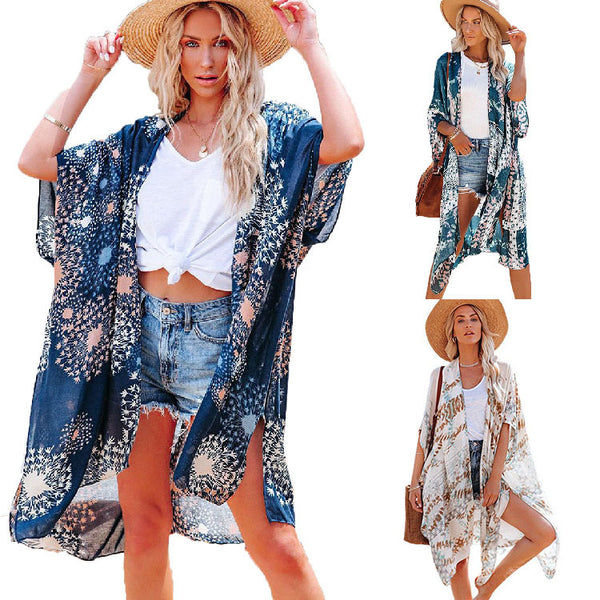 2025  summer new printed blouse women's European and American casual medium and long loose tulle sunscreen jacket